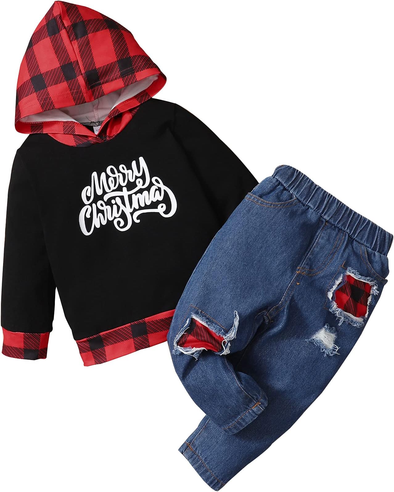 DEFAHN Toddler Baby Boy Outfit Clothes Letter Print Hoodie Sweatshirt Top Ripped Denim Pants 2-Pack Fall Clothing Set