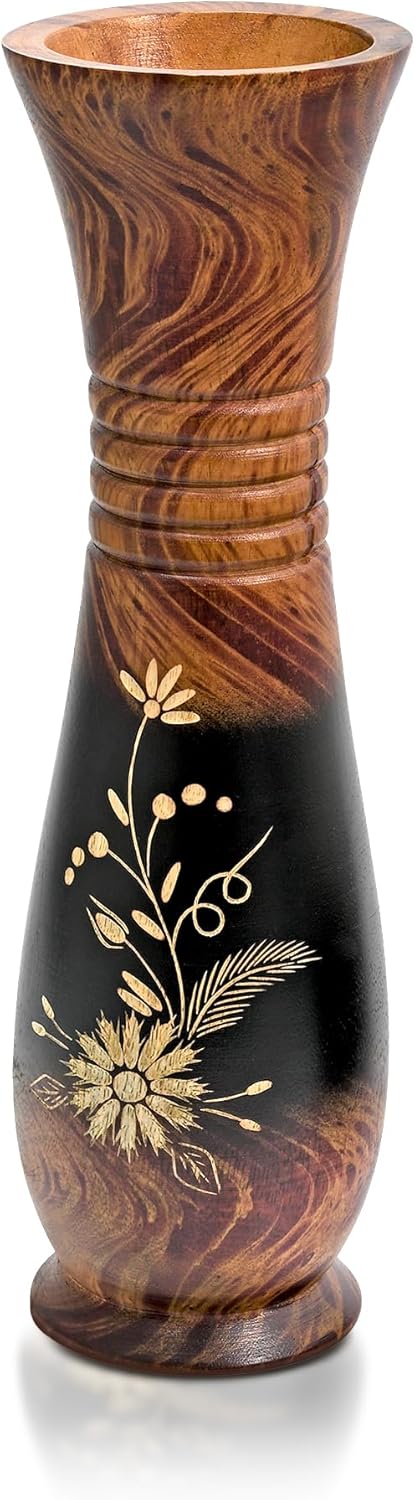 AeraVida 14-Inch Hand Carved Wildflowers Mango Wooded Vase Decor | Tall Brown Wooden Accent for Tabletop or Floor | Handmade Rustic Display Piece for Faux Flowers