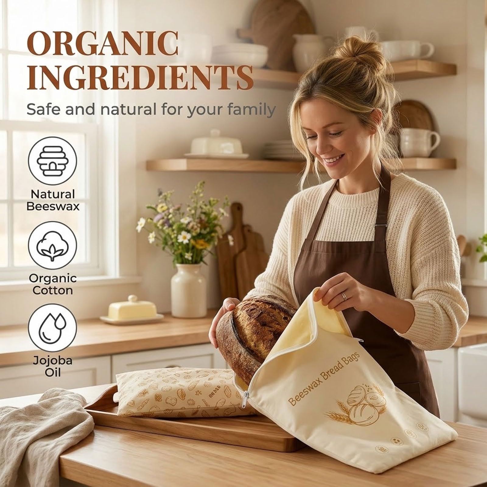 2er Set XL Beeswax Bread Bag, Sacs à Pain Cire d'Abeille Réutilisables pour Pain Maison, Sac à Pain en Lin et Coton avec Fermeture L-Zip pour Fraîcheur & Congélation