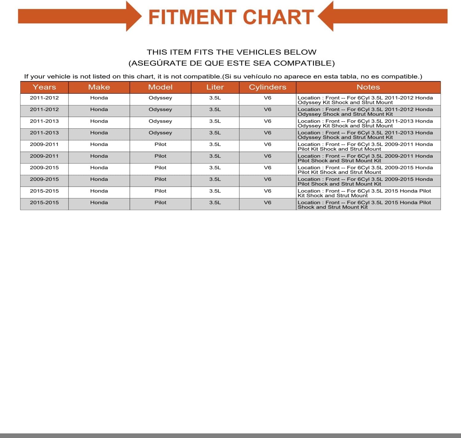 Replacement Shock and Strut Mount - Direct Fit Mechanics Choice for Location : Front - for 6Cyl 3.5L 2009-2015 Pilot Shock and Strut Mount Kit