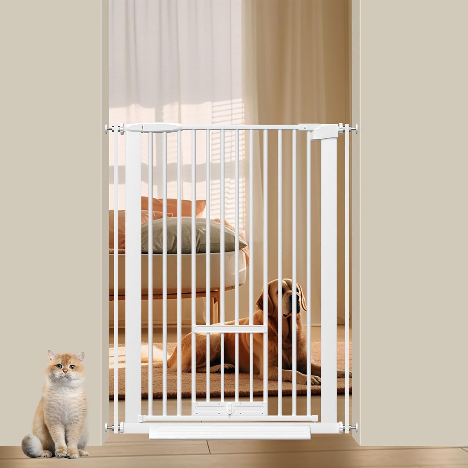 40.55" Tall 1.37" Ultra Narrow Spacing 30.12-34.06" Dogs Pets Baby Gate with Cat Door for Doorway Safety Proof Indoor Extra Wide Puppy Pressure Mounted No Drill White Black Metal Hallway White 30.12-34.06"/76.5-86.5CM