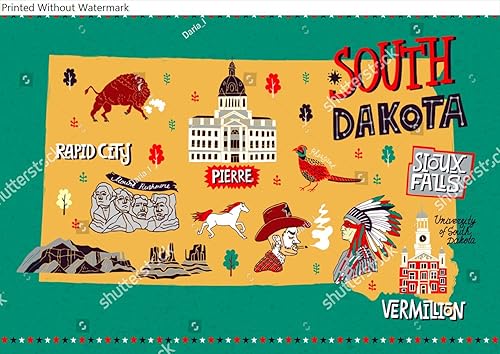 Miniatura 2 de Wall Art Poster Print of Illustrated Map of South Dakota, Usa. Travel and Attractions. Cartoon Map.