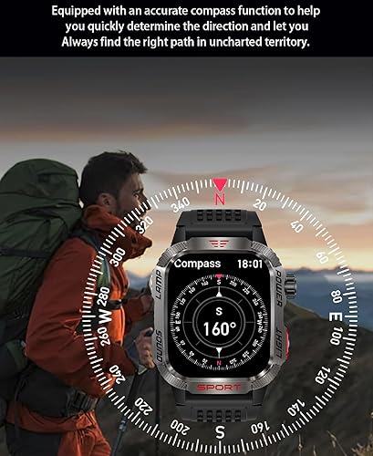 Miniatura 7 de Reloj inteligente para hombre, deportes al aire libre, impermeable, brújula con respuesta/hacer llamadas, reloj de fitness, oxígeno en sangre, Negro
