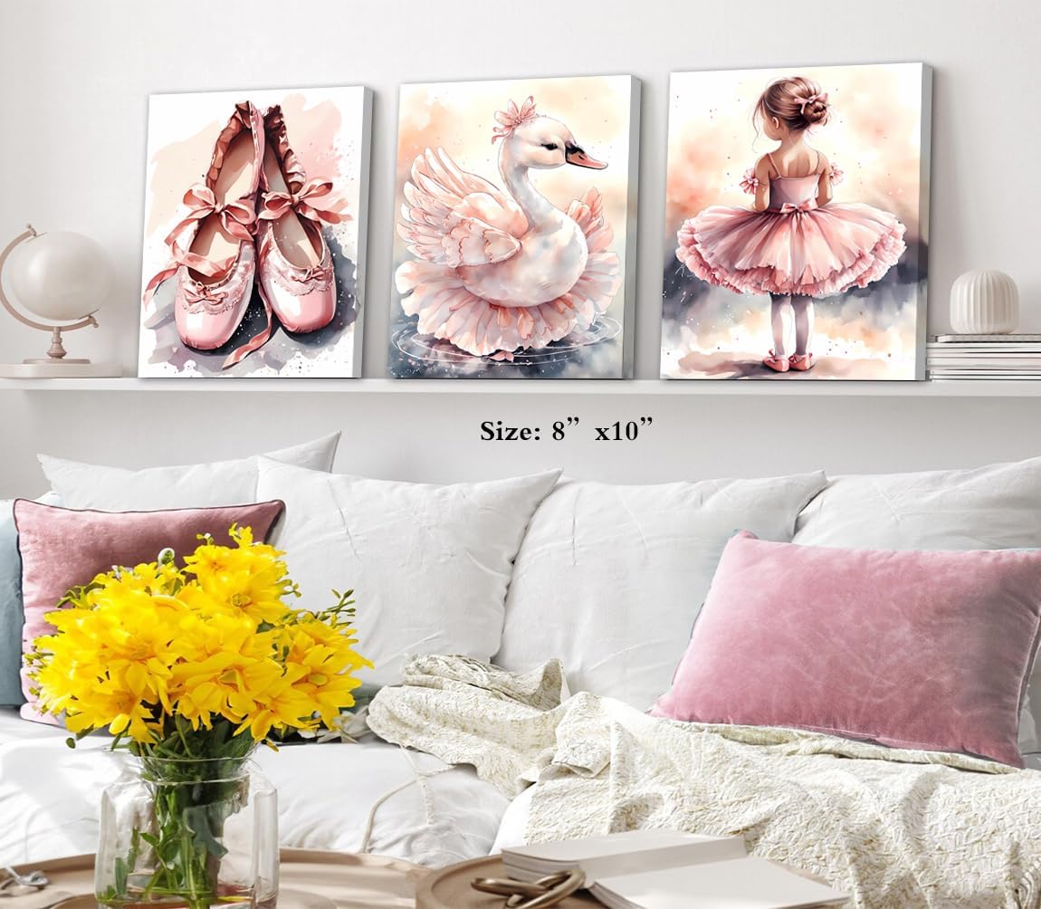 Framed Pink Ballet Nursery Wall Art,Pink Canvas Wall Art,Girls Ballerina Nursery Bedroom Decor,Fashion Bedroom Wall Poster,Watercolor Ballerina Dancers Art Prints for Girls Decor,Set of 4(8”x10”)