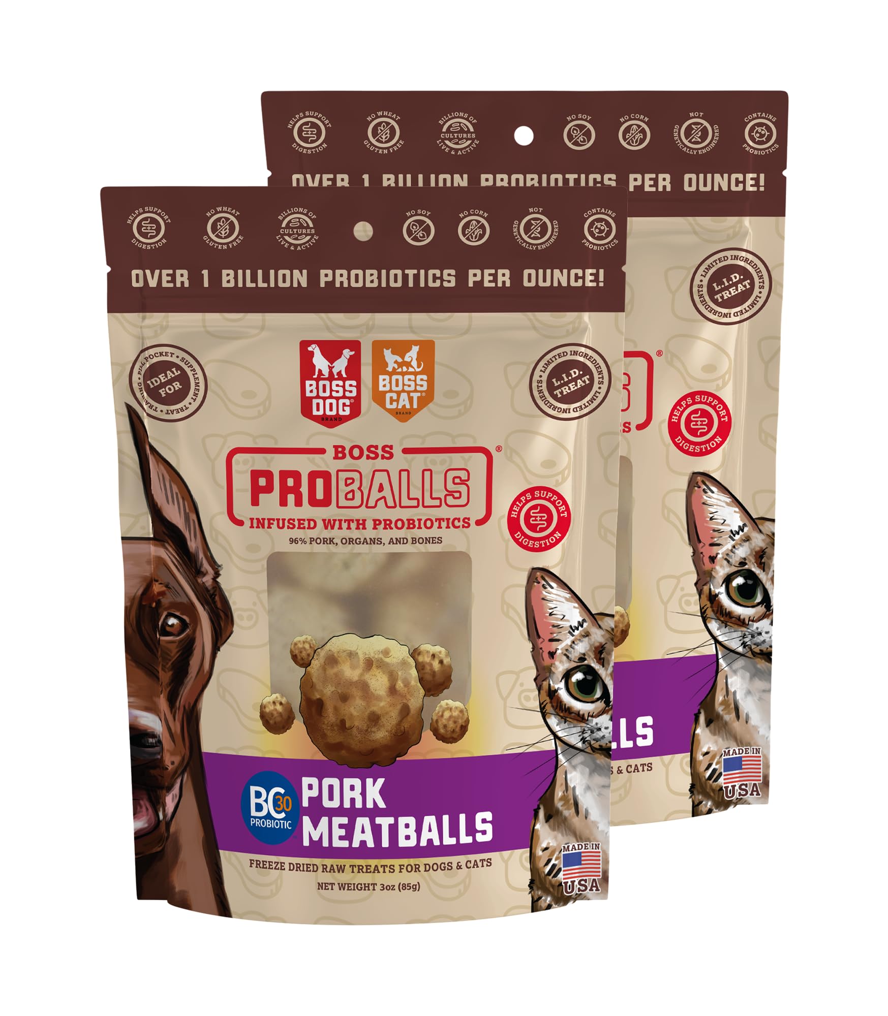 Boss Dog Boss Proballs Meatball Treats for Dogs & Cat, Pork Recipe, 3 oz Bag (Bag of 2)
