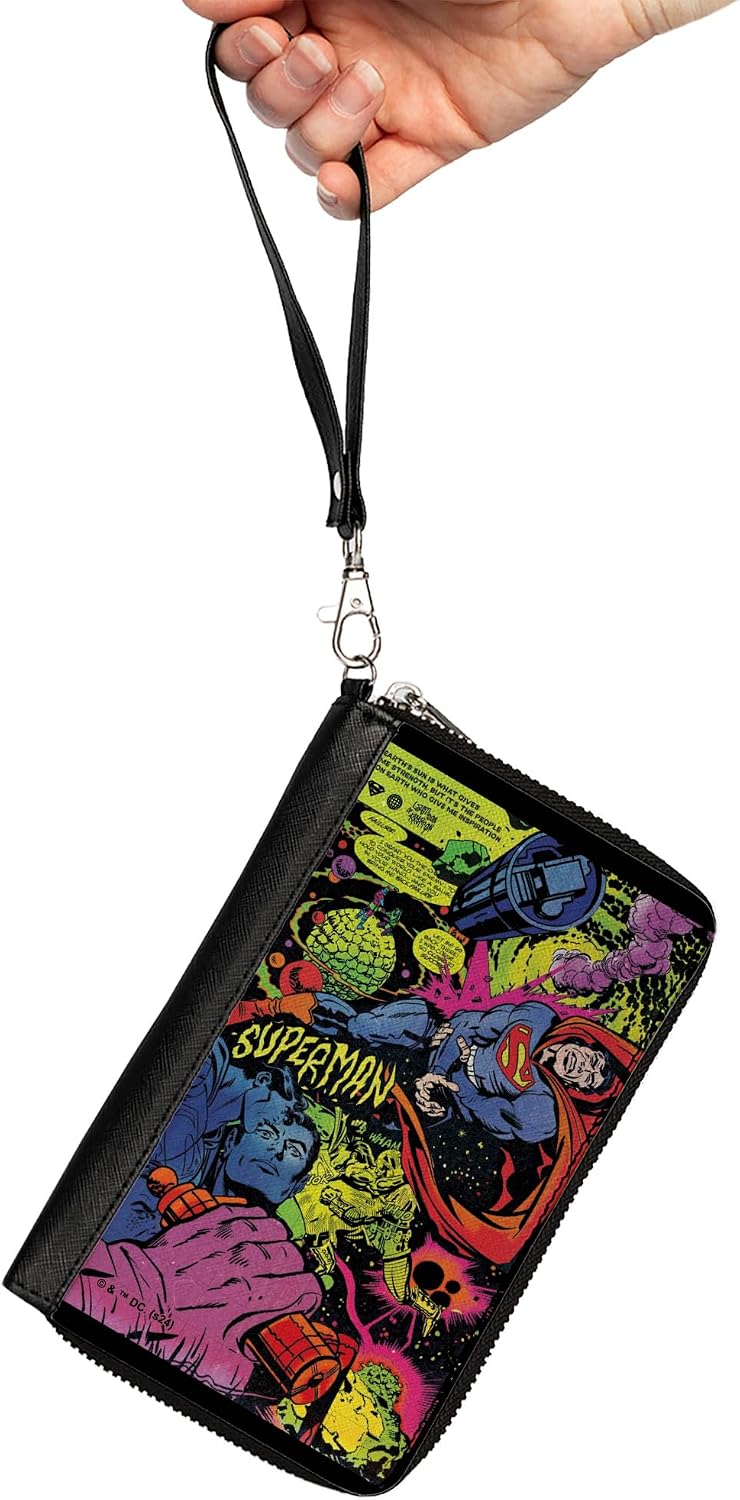 Buckle-Down DC Comics Wallet, Zip Around, Superman Last Son of Krypton Scenes Multi Color, Vegan Leather