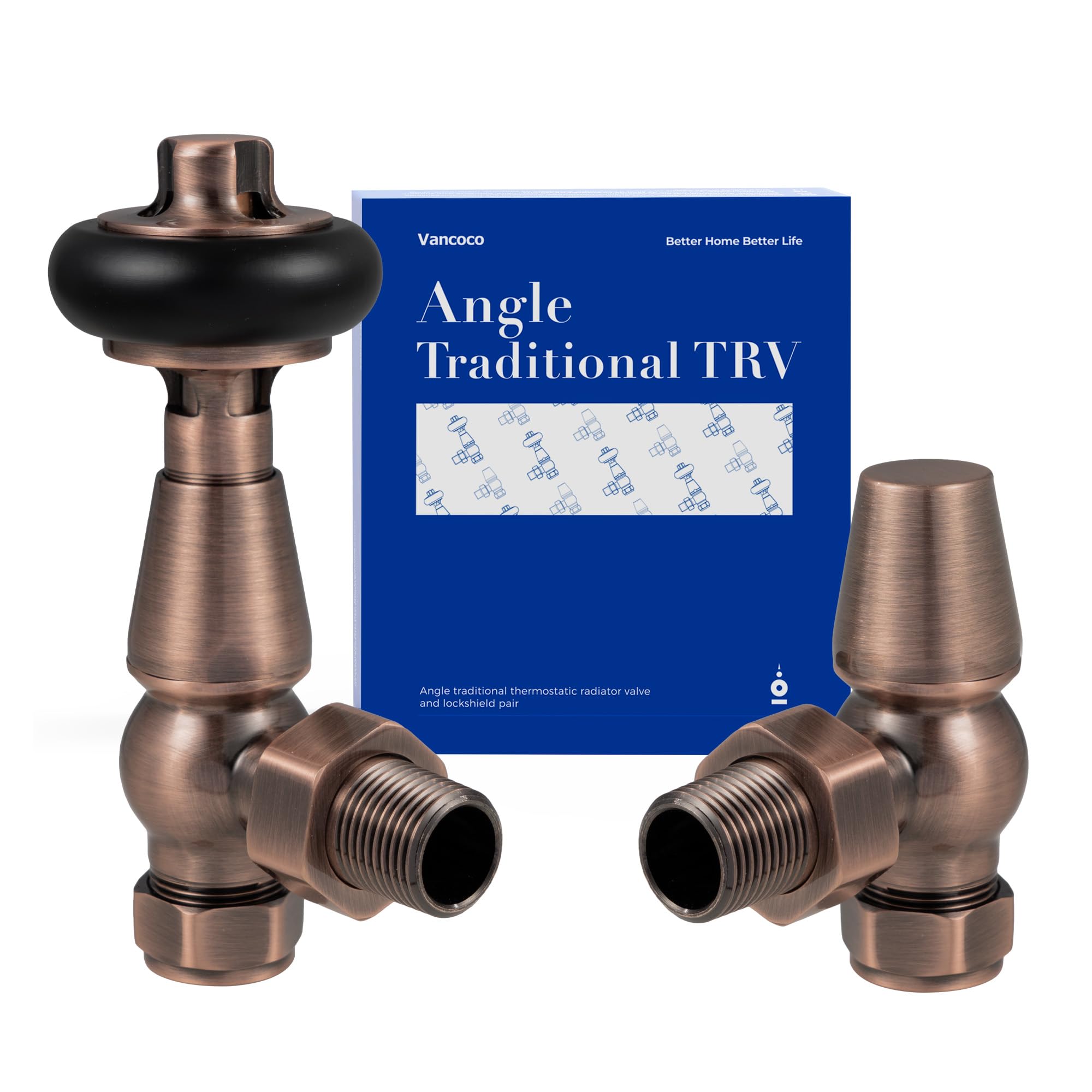 VANCOCO Traditional Antique Red Copper Angled Radiator Valve & Lockshield 1/2"×15mm, Thermostatic TRV Pair for Cast Iron or Modern Radiators with Solid Wood Handwheel — image 1