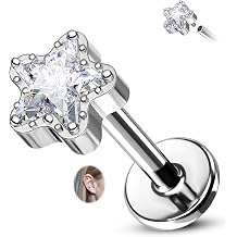 CM Crareesi Mania Star Titanium Flat Back Helix Stud Earrings Cartilage Tragus Labret Conch Piercing Jewellery Internally Threaded Medusa Piercing Jewellery for Women Men 16G/8mm