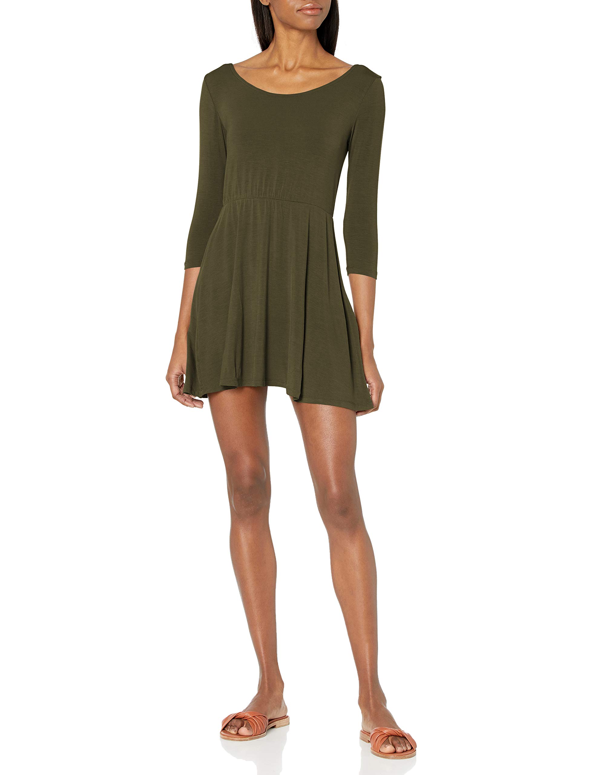 TresicsWomen's Trendy Basic Junior 3/4 Sleeve Scoop Neck Flare Mini Dress