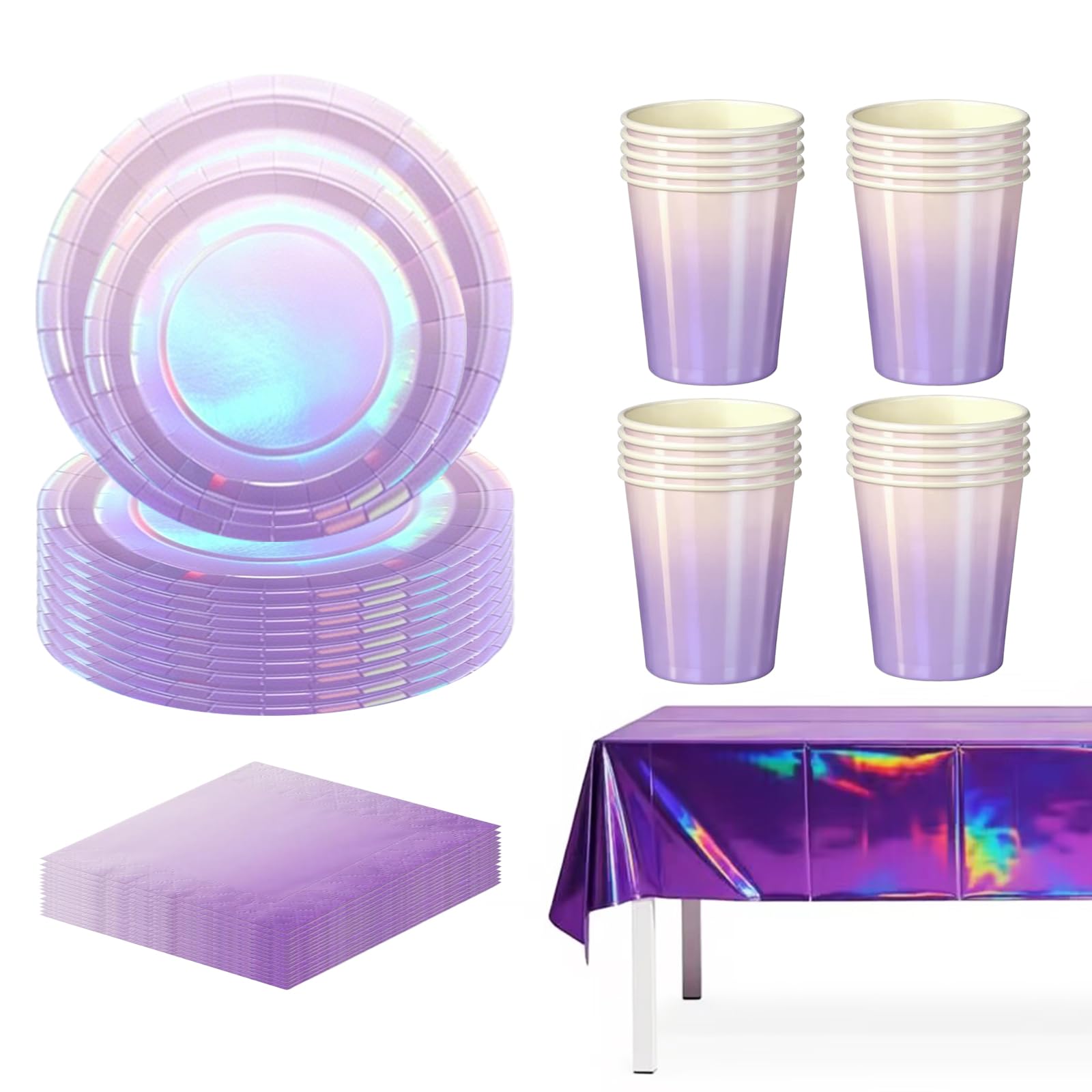 81P Colorful Laser Foil Paper Party Tableware Set,Purple Sparkling Party Paper Plates Napkins Cups for Her Birthday,Sparkling Purple Tablecloth for Christmas Dinnerware Wedding,Baby Shower Party Dec