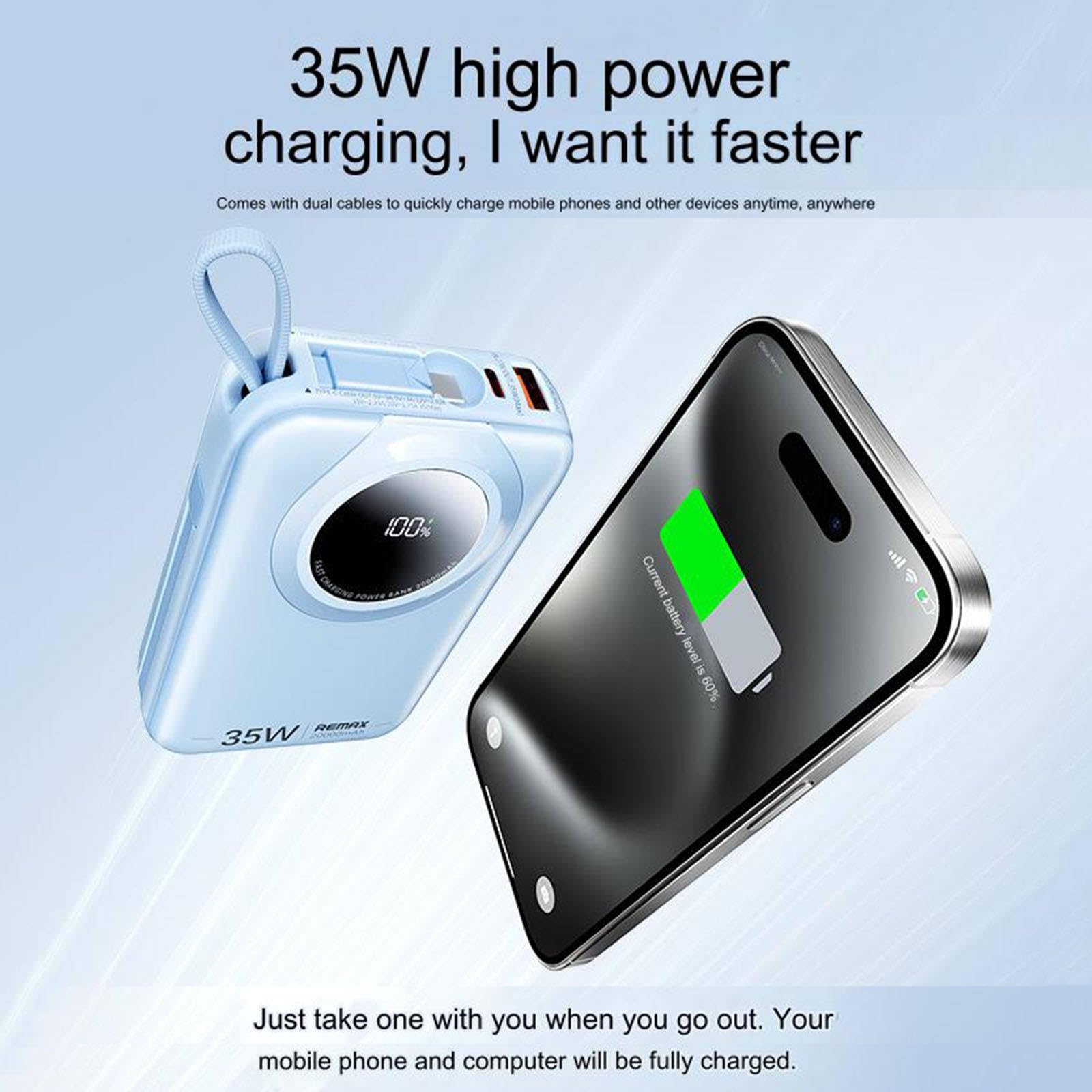 Power Bank Portatile, Power Bank da 20000 mAh con Cavo Integrato, Ricarica ad Alta Potenza da 35 W, per telefoni cellulari iOS e Android, Ricarica Rapida,Black