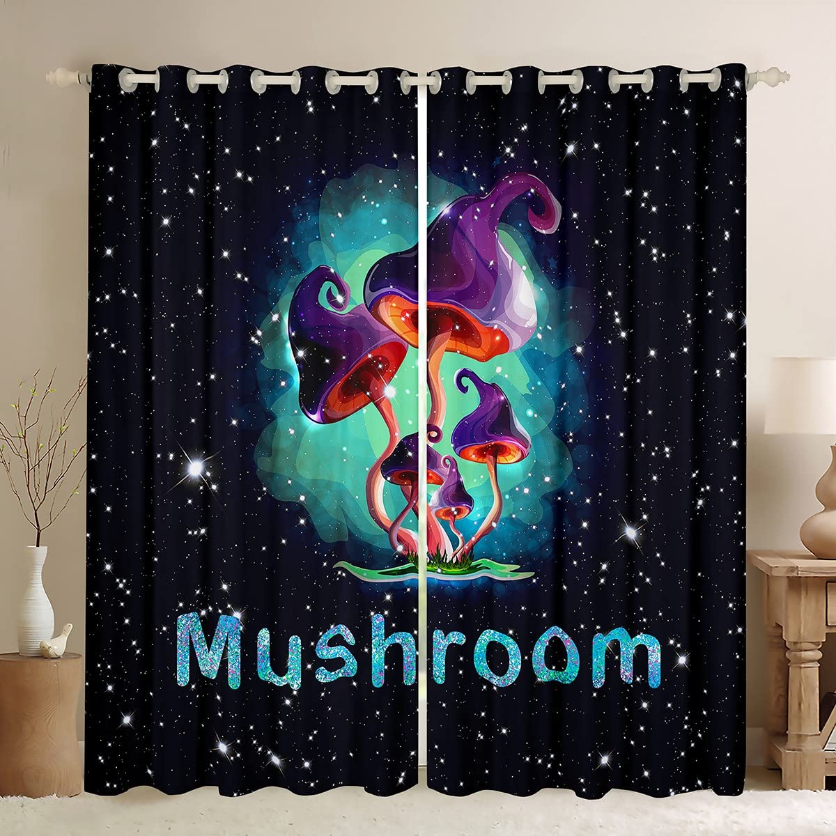 Glitter Mushroom Curtains Botanical Plants Window Curtains for Bedroom Living Room for Kids Boys Girls Girly Window Drapes Wild Fungus Window Treatments W52*L63 โ image 1