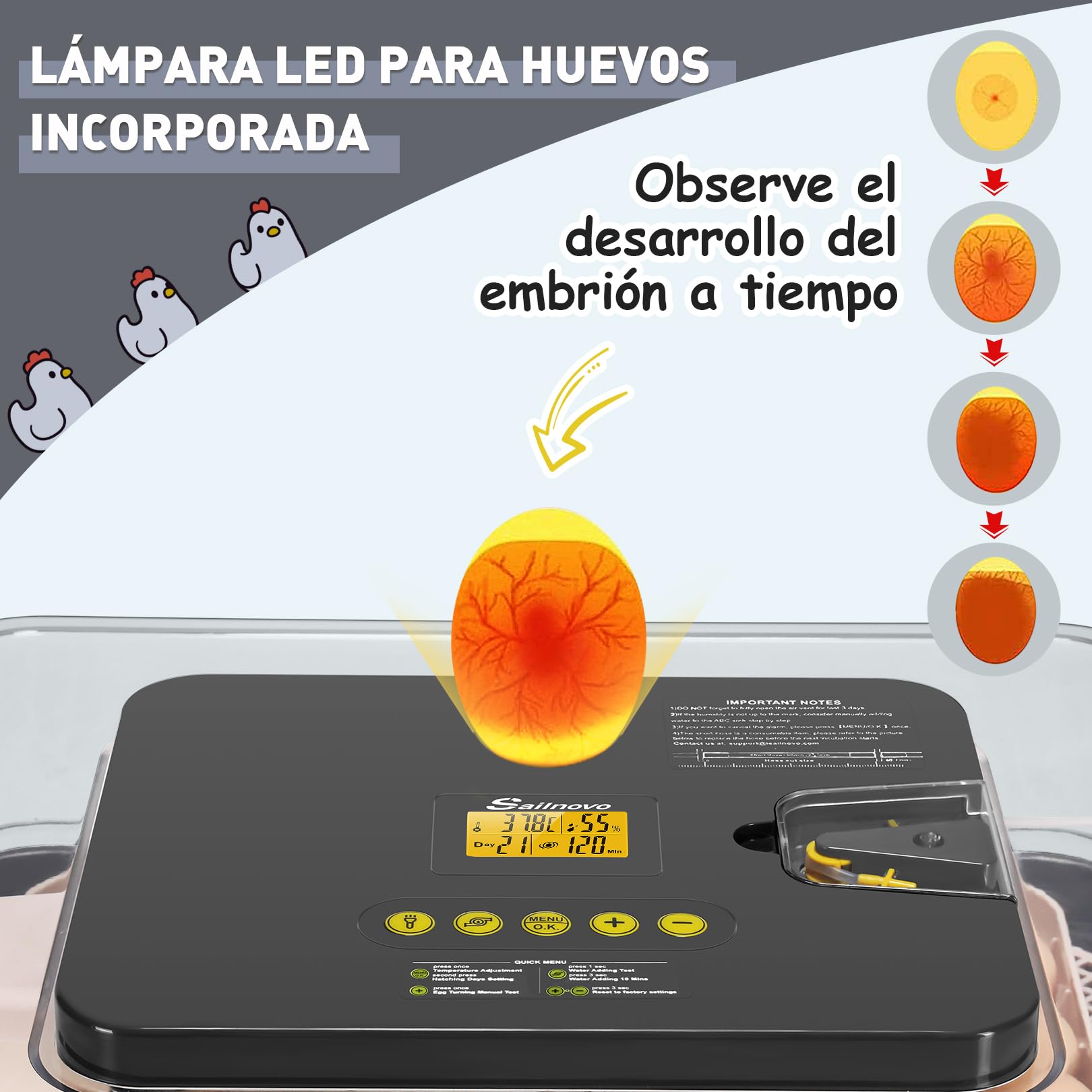 Sailnovo Incubadora de Huevos Automaticas, Incubadora de 56 Huevos con Volteo Automático de Huevos y Humidificación automática, Incubadora para Huevos de Gallina, Codorniz, Pato, Gris
