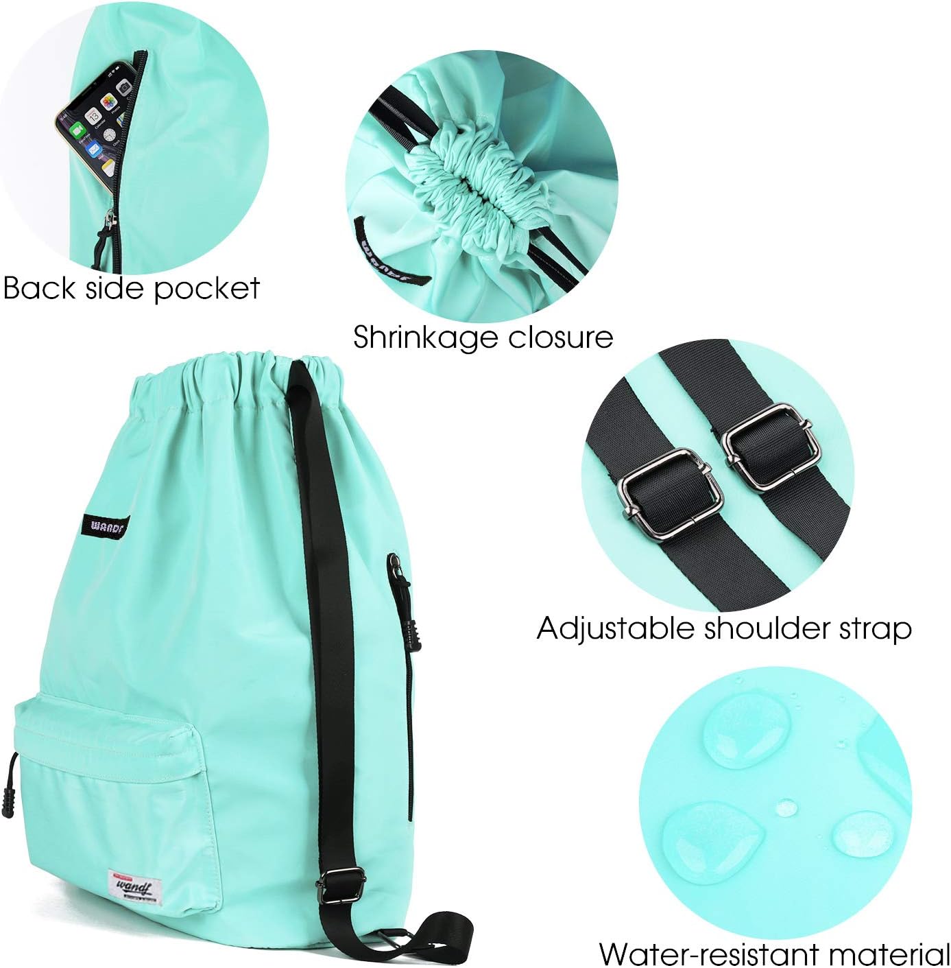 Drawstring Backpack String Bag Sackpack Cinch Water Resistant Nylon for Gym Shopping Sport Yoga by WANDF (Mint Green 6032) : Clothing, Shoes & Jewelry