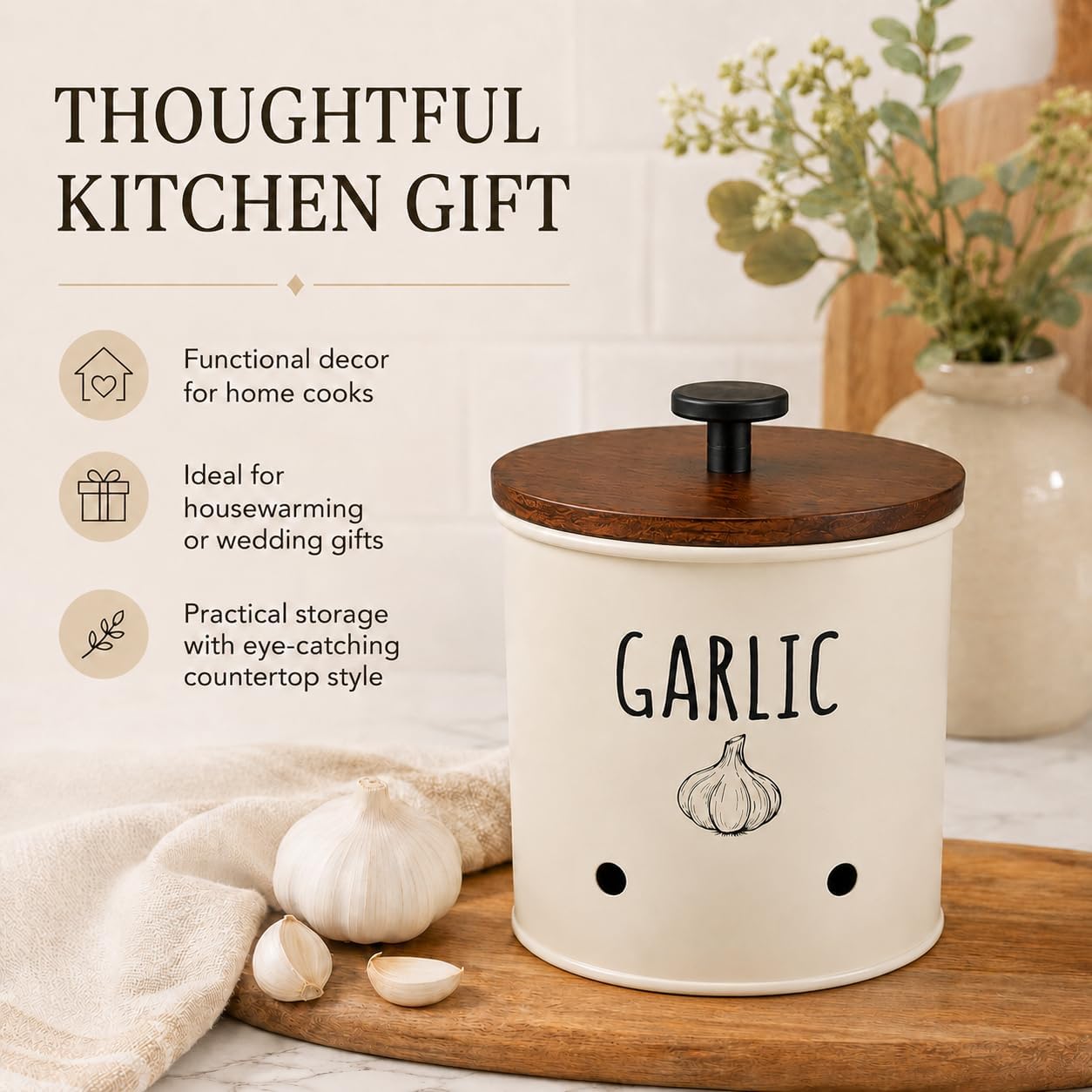 Garlic Keeper for Counter with Wooden Lid - Nordic Design Garlic Storage Container with Handle, Kitchen Organizer Jar, Housewarming Gift for Home Decor