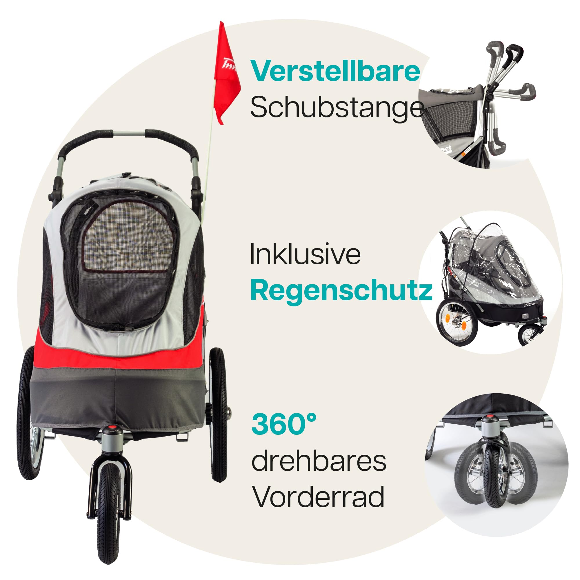 Hundebuggy & Fahrradanhänger für Hunde - Innopet Sporty Dog Trailer Deluxe Hundeanhänger für Fahrrad - Rot/Weiß - zusammenklappbar - mit Regenschutz - Luftreifen - Fahrradkit inklusive