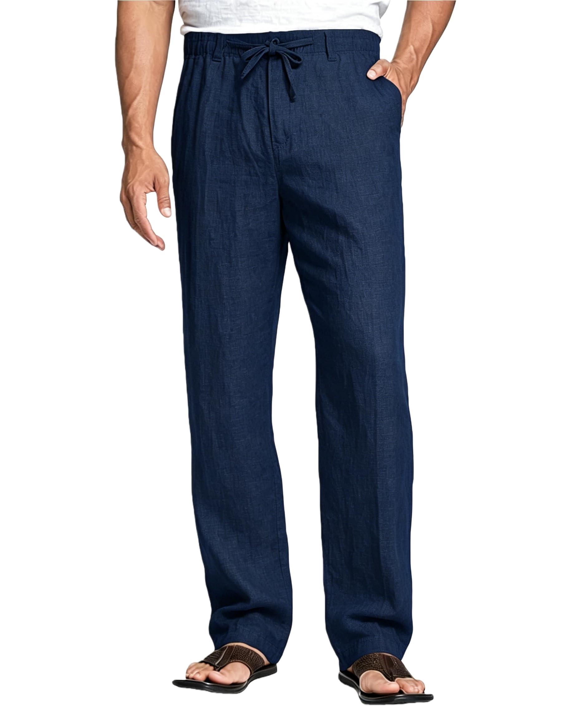 Cegerne Pantaloni di Lino Uomo Estivo Lungo Leggero Casual, Vita Elastica Zip e Coulisse, Tasche Traspiranti per Spiaggia Vacanze Quotidiano
