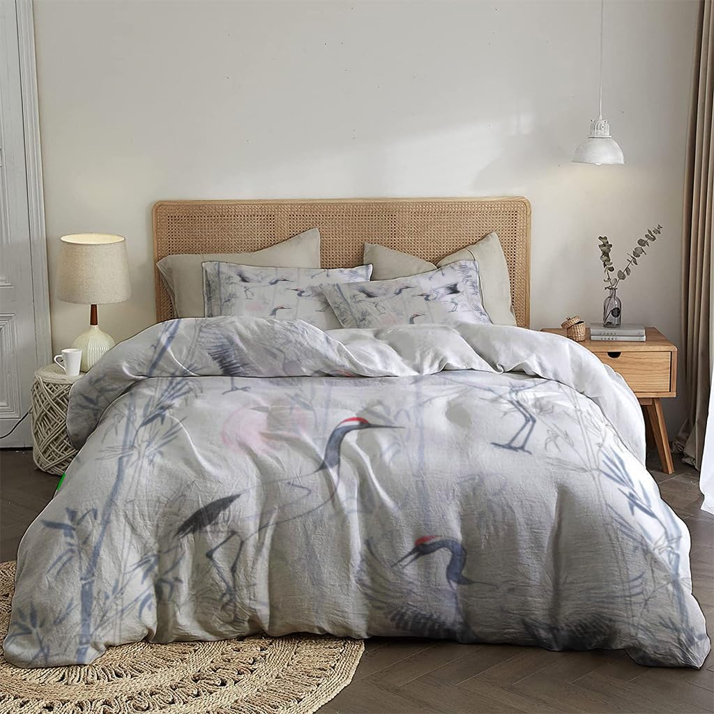 NIBAINLO 布団カバー水彩画「白い日本の舞鶴」 肌に優しい ピーチスキン加工 掛け布団カバー 和式 洋式 あったか 布団カバーセット リバーシブル ホームステイ ホテル 家庭兼用