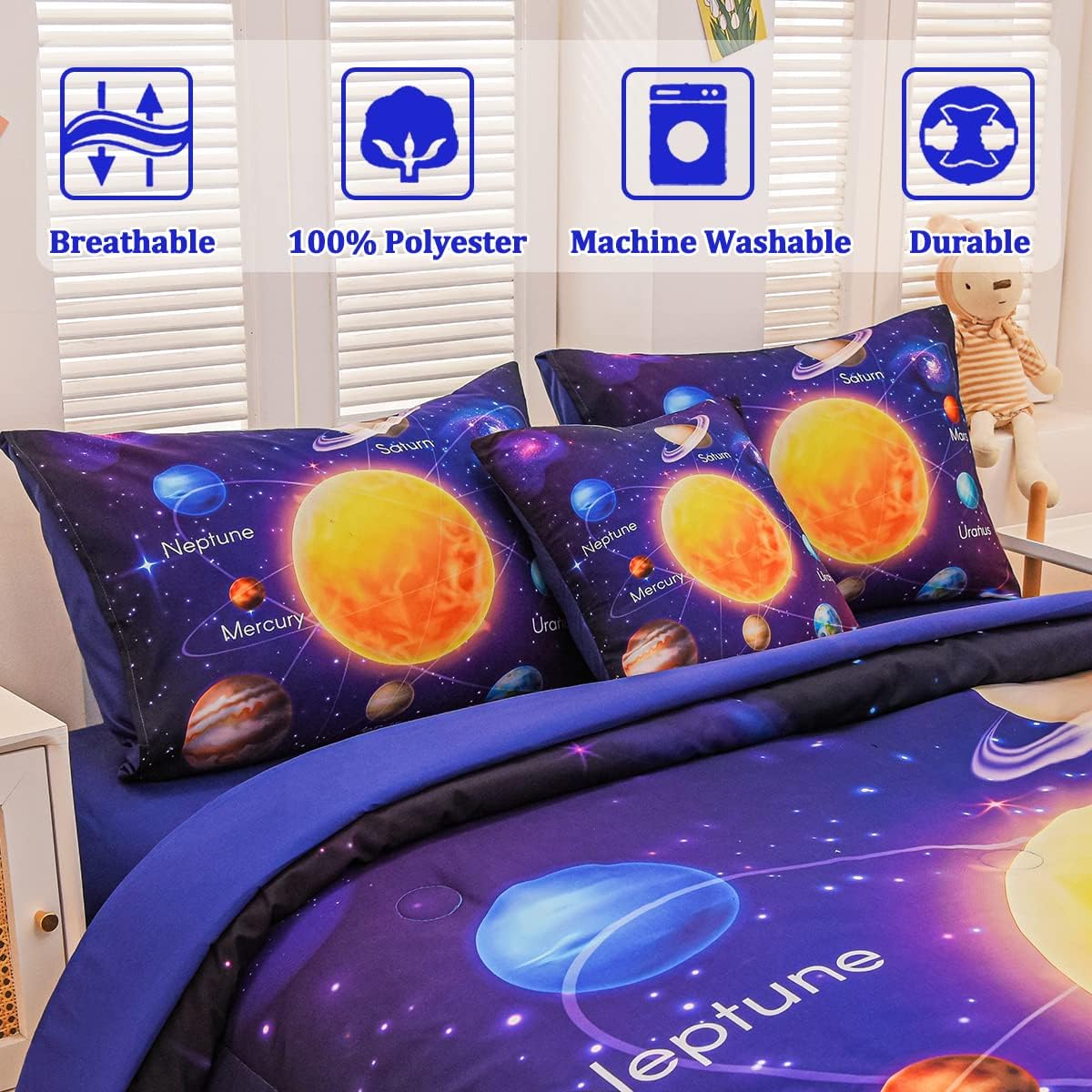 Twin Size Comforter Sets for Boys, Space Bedding Set Twin Bed in a Bag, 6 Pcs Universe Planet Galaxy Comforter Set with Sheets - Image 5