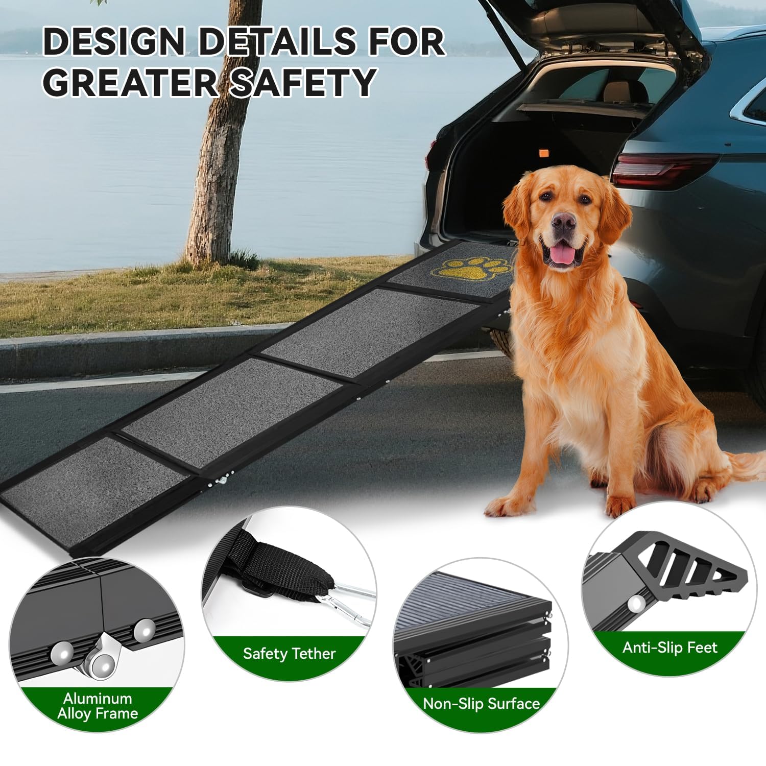 Rampa per cani da auto, pieghevole, 170 x 44 cm, colore grigio, con superficie antiscivolo, fino a 70 kg, leggera in alluminio, per auto, camion, SUV e scale all'aperto