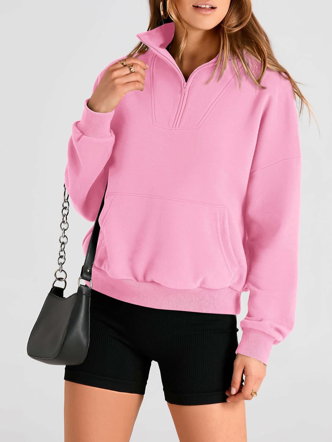 PRETTYGARDEN Womens Quarter Zip Long Sleeve Cropped Sweatshirt 2025 Fall Winter Casual V Neck Pullover Tops With Pockets - Image 4