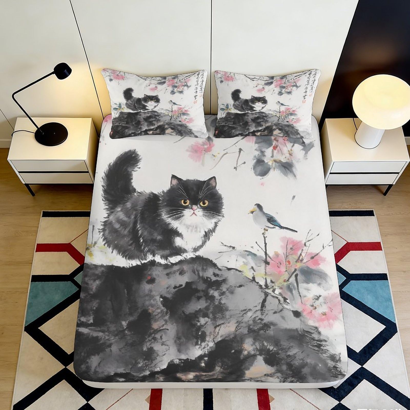 Pnayamiorkfel Style-4 3D Printed Chinese Ink Cat Fitted Sheet Microfiber Soft Art Bird Mattress Cover For Bedroom Guest Room Dorm Decor 90X200x25cm