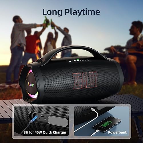 Miniatura 7 de ZEALOT Altavoz Bluetooth portátil 2025, altavoz RMS de 160 W inalámbrico Bluetooth, IPX6 impermeable, ruidoso36000 mahecualizaciónUSBTFAUX, gran