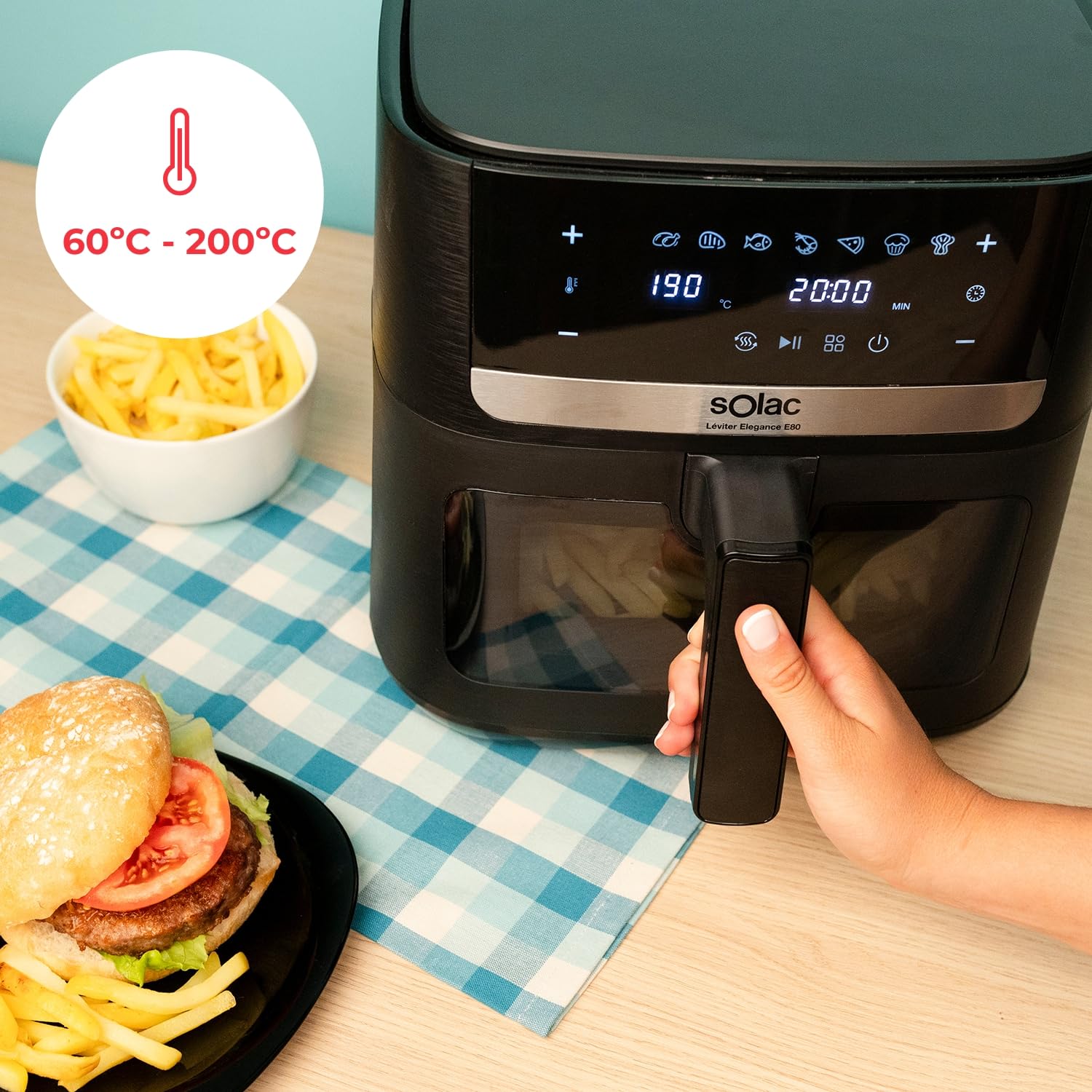 Solac - Air Fryer Leviter Elegance E80 | 1800W 8L | Pantalla Táctil | 8 Programas Automáticos | Temperatura Ajustable y Temporizador | Cocina Rápida | Apta para Lavavajillas | Negro