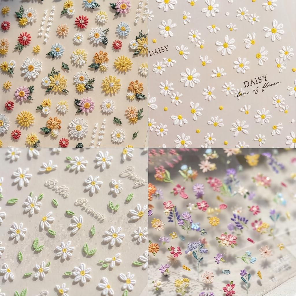 3D Embossed Flower Nail Stickers, Flower Nail Decals, 4 Sheets | Create elegant floral manicures for daily wear, work, vacations, and dates. Ideal for women, girls, and DIY nail lovers