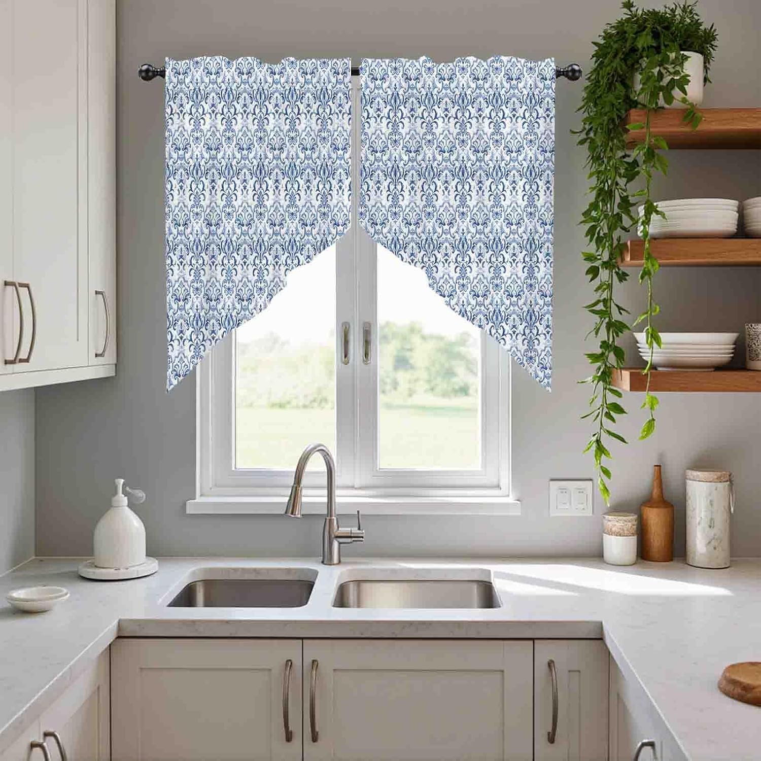28x36Inch Polyester Blue White Damask Floral Pattern Swag Valance image 2