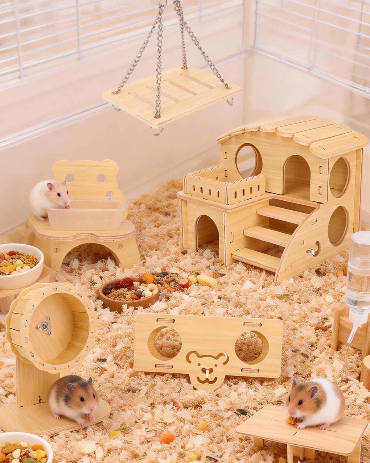 6 PCS Wooden Hamster Cage Accessories Toys Set, Hamster House Hideout, Platform, Silent Wheel, Feeding Box, Swing & Seesaw Toys, Cute Habitat Decor for Syrian Dwarf Hamsters and Gerbil