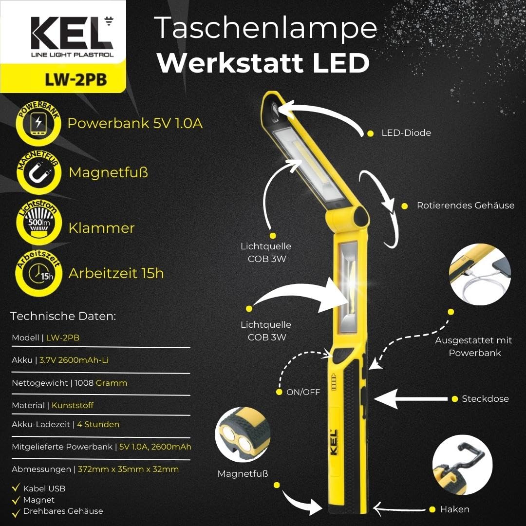 KEL Torcia da officina a LED, 3 W, 500 lm, lampada da lavoro ricaricabile con power bank, con clip magnetica per officina, durata 15 ore