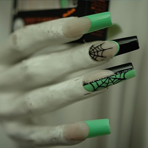 Miniatura 5 de Gold Finger - 24 uñas postizas de Halloween, uñas postizas largas cuadradas a presión, pegamento en uñas espeluznantes fantasma, araña, calabaza,
