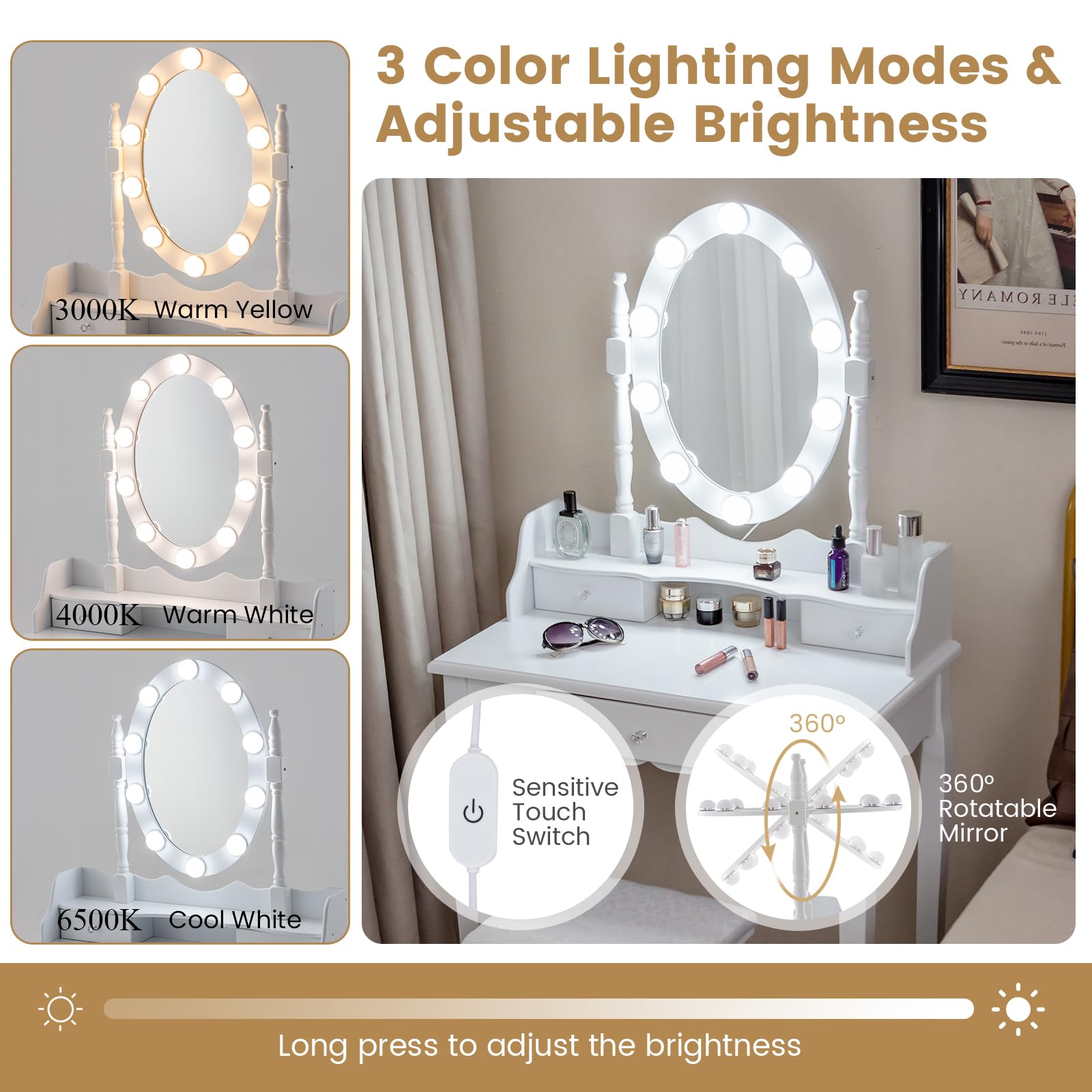 HOMASIS Toeletta da trucco con specchio girevole a 360°, tavolo da toeletta con sgabello in legno, tavolo cosmetico con 3 cassetti e 3 modalità di illuminazione, per camera da letto, 75 x 40 x 143,5