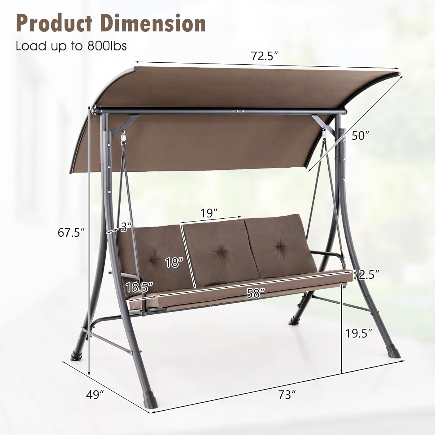 Tangkula 3 Person Porch Swing, Outdoor Swing with Removable Cushions, Solid Steel Structure, Patio Swing with Adjustable Canopy for Garden, Backyard, Balcony, Poolside