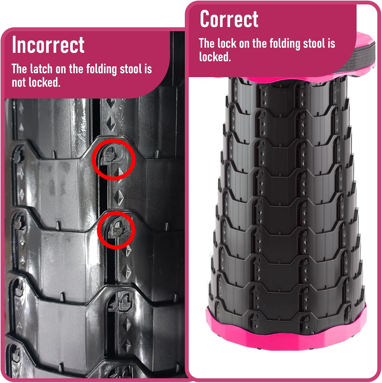 Doseno Upgraded Foldable Stool Thickened, Portable Collapsible Stool Retractable Stool for Fishing, Hiking Tours, BBQ, Parties, Outdoor Activities（Pink）