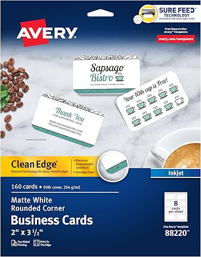 Avery Clean Edge - Tarjetas de visita imprimibles con tecnología Sure Feed, esquinas redondeadas, 2 x 3.5 pulgadas, color blanco, 160 tarjetas en