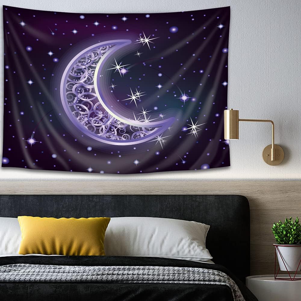 Riyidecor Trripy Purple Moon Tapestry 51Hx59W Inch Psychedelic Starry Night Sky Star and Moon Shining Beauty Celestial Galaxy Nebula Space Wall Hanging Indigenous Bedroom Living Room