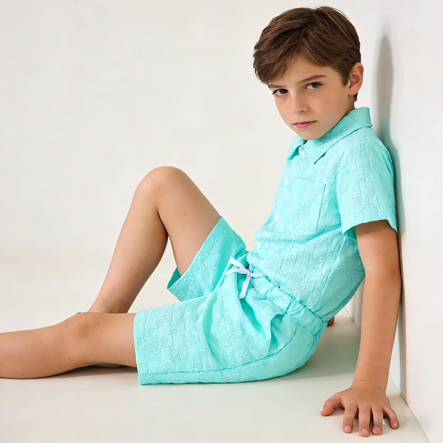 Boys Summer 2-Piece Outfit Size 6-13 Short-Sleeve Textured Button-Down Shirt & Solid Elastic-Waist Shorts Set - Image 3