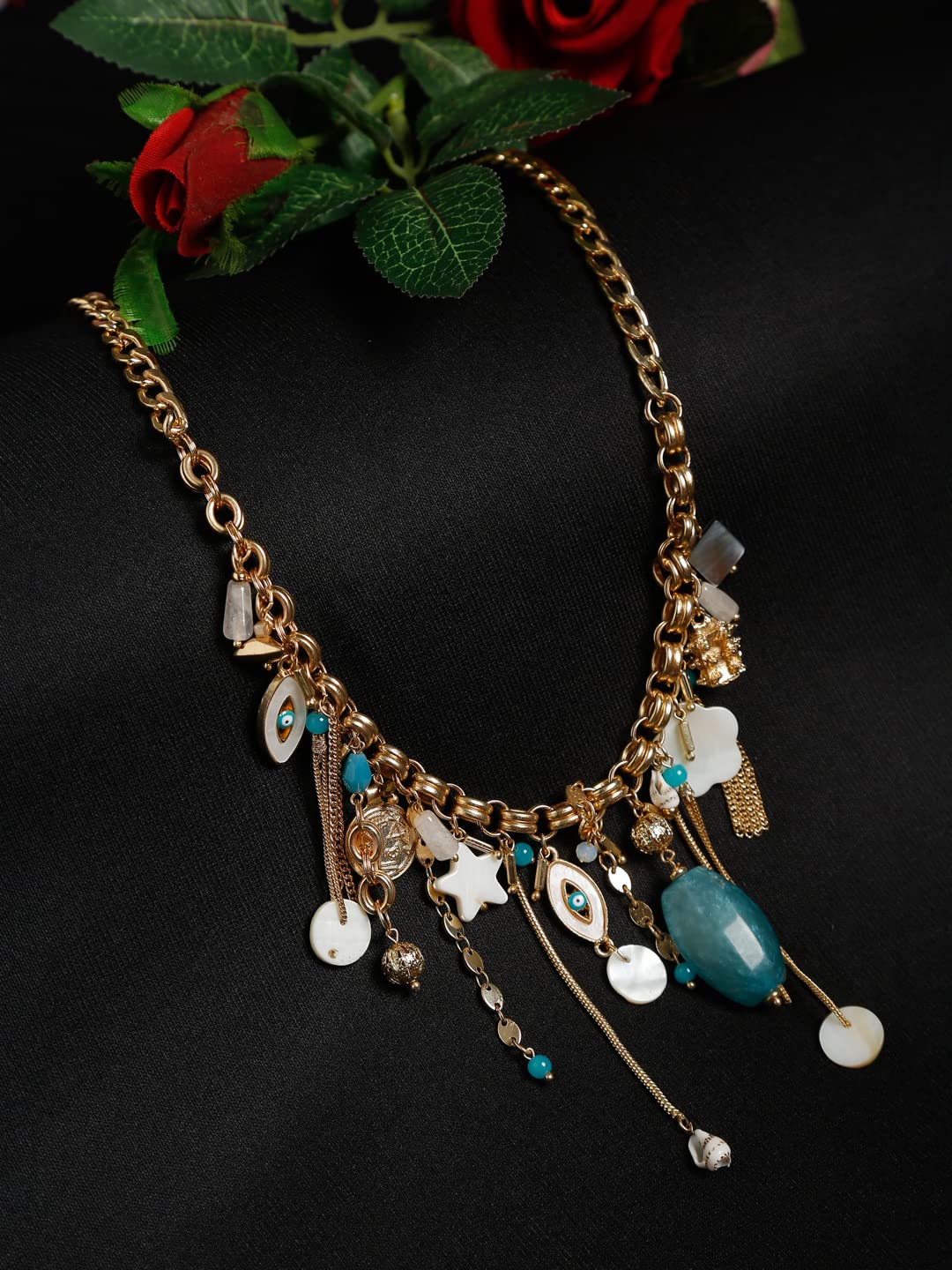 Turquoise Bead Metal Charms Drop Metal Necklace