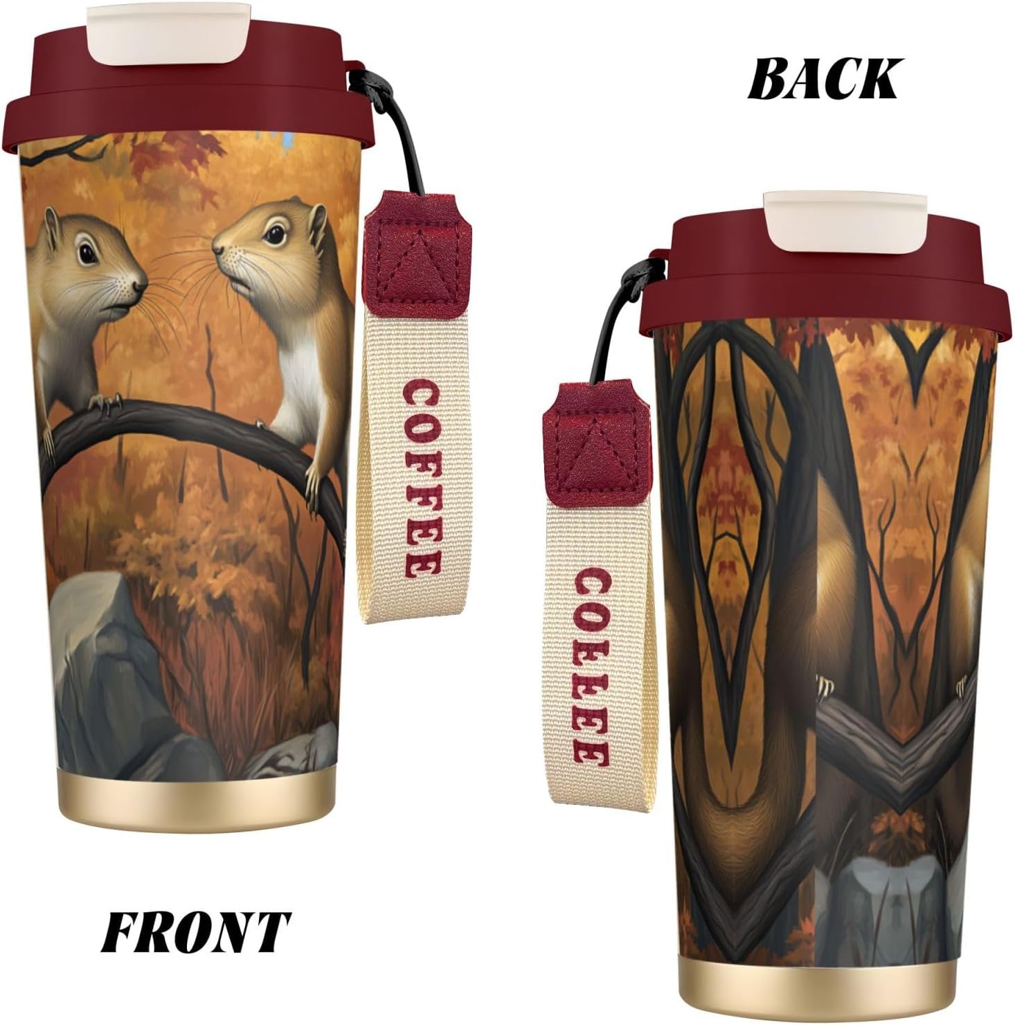 Unique Customized Coffee Mug - Insulated Stainless Steel Tumbler for Travel, Home & Office - 17 oz Happy Couple Squirrel Red