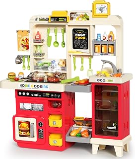 Pupu Pig Kids Kitchen Playset with Stove, Grill, Sink, Lights, Sounds, Steam & 80+ Accessories - Pretend Play Toy for Toddlers