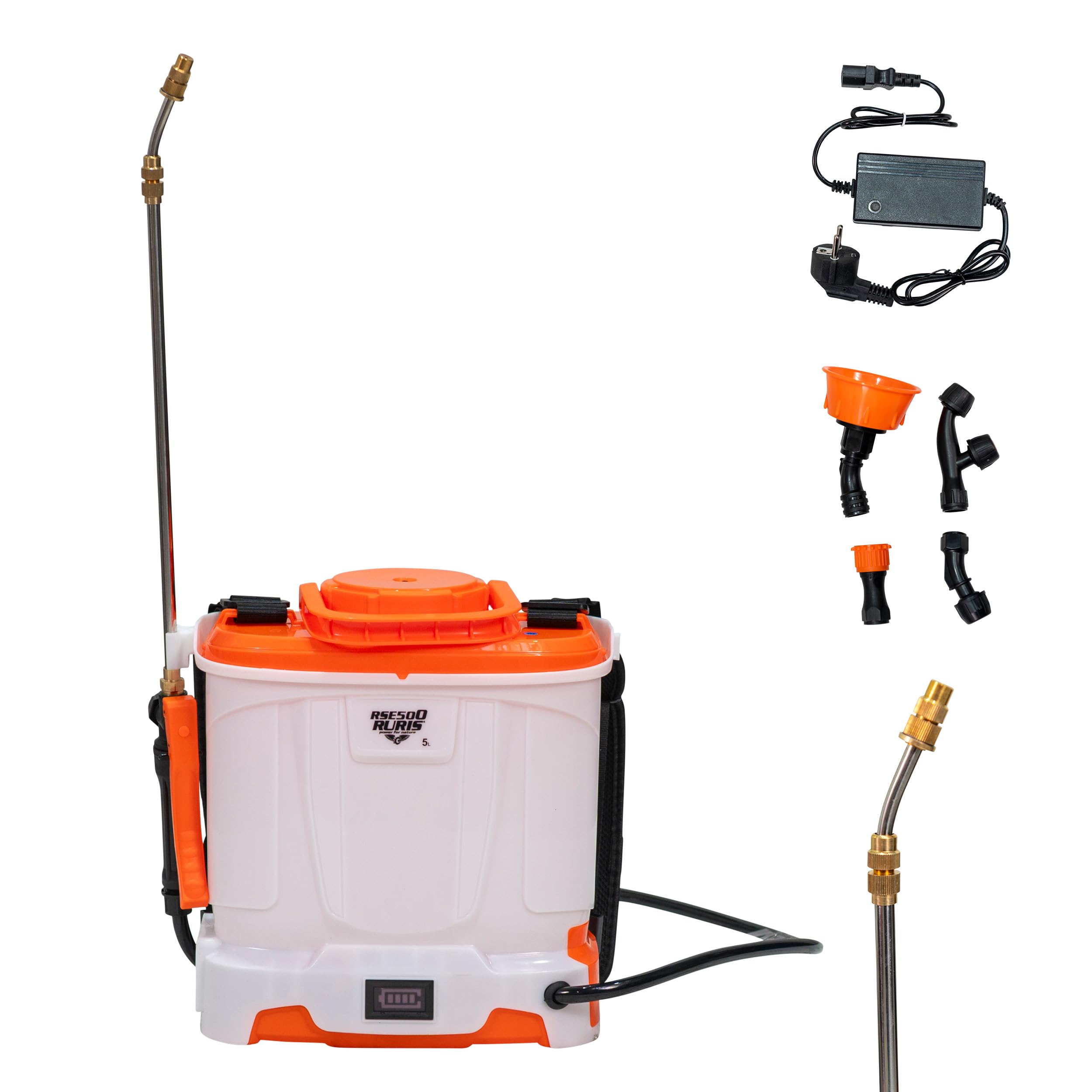 RURIS – Pulverizador eléctrico RSE 500 – Batería de 12 V Autonomía 4 h – Pantalla LED con indicador de Carga – Lanza metálica y 4 boquillas Intercambiables – Jardín, Limpieza y desinfección – 5 L