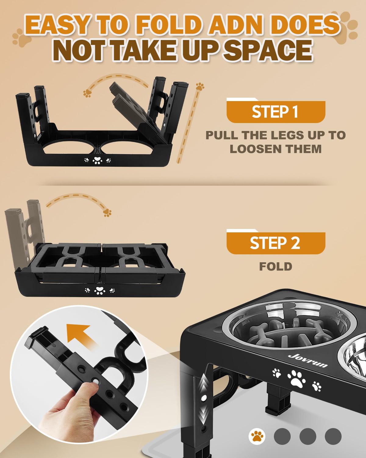 Jovrun Cuencos elevados para perros, soporte elevado ajustable de 5 alturas para perros pequeños, medianos y grandes, comedero para perros con 2 cuencos de acero inoxidable y 1 cuenco de alimentación