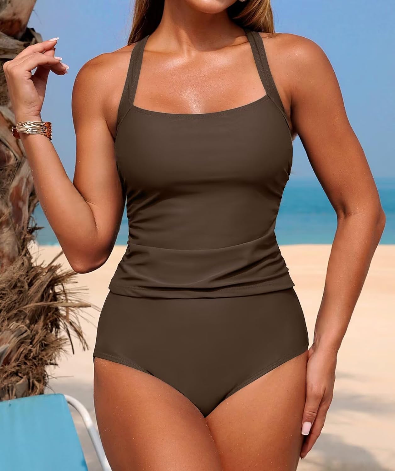 ZAFUL Women's Tankini Swimsuits Tummy Control Swimwear Two Piece Bathing Suits Swim Top with High Waisted Bottom thumbnail
