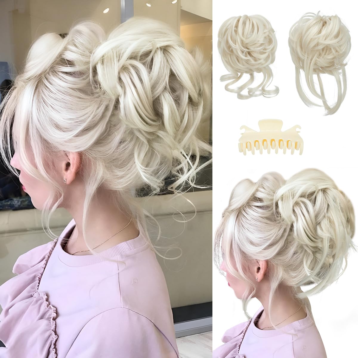 SARLA 2PCS Messy Bun Hair Pieces for Women Detachable Claw Clip Wavy Curly Synthetic Hairpieces for Updos with Tendrils Fake Scrunchies Ponytail