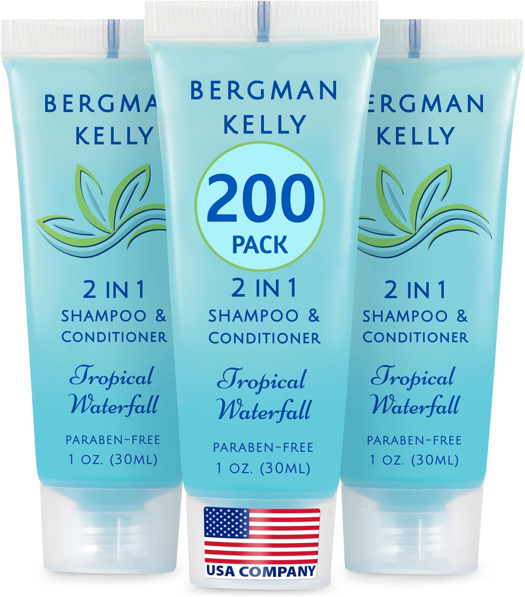 Bergman Kelly - Travel Size 2 in 1 Shampoo & Conditioner - 1 fl oz, 200 PK, Tropical Waterfall - Delight Your Guests w/Invigorating & Refreshing Shampoo Amenities - Small Hotel Toiletries in Bulk