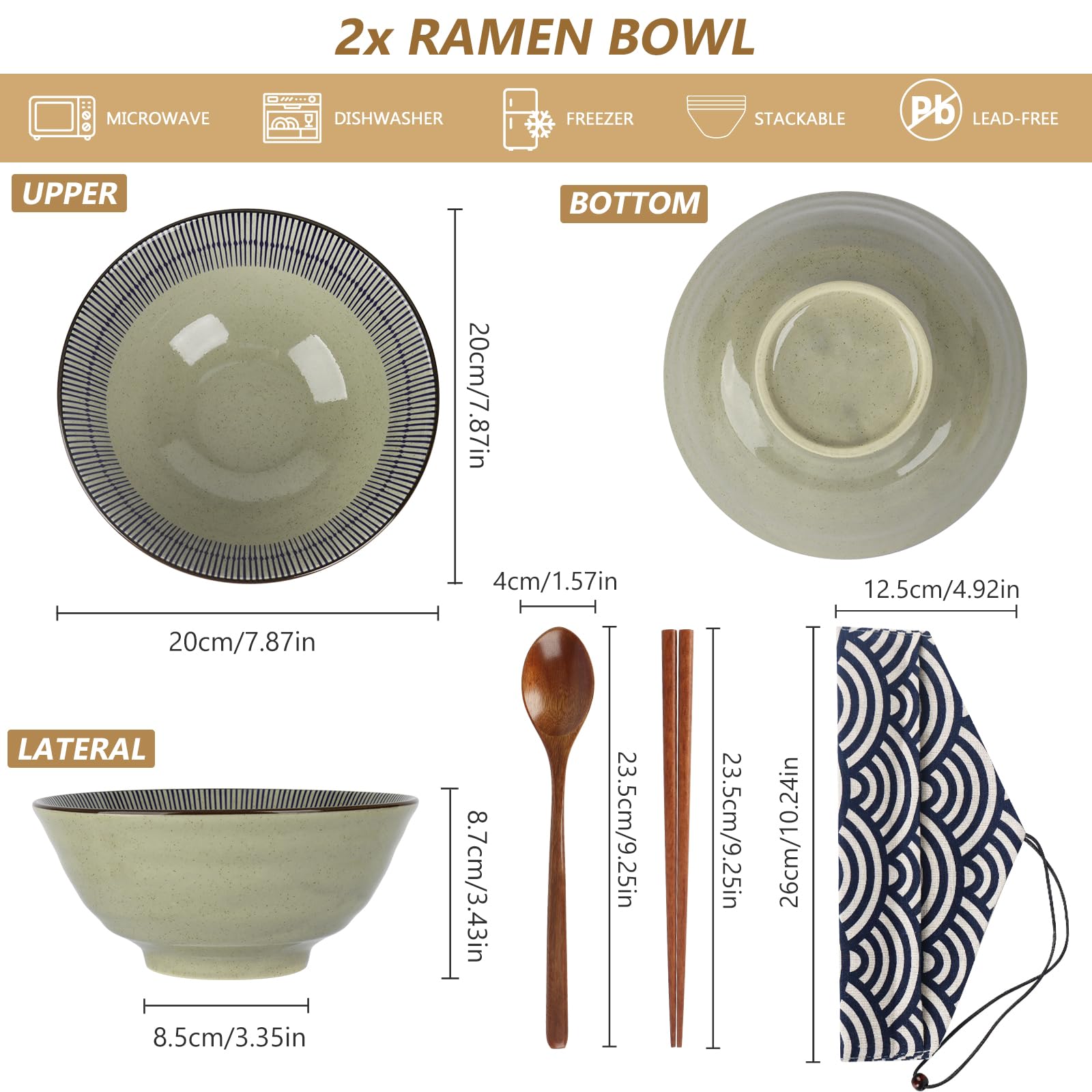 Set di 2 ciotole in ceramica per ramen, ciotole giapponesi con bacchette e cucchiai, per zuppe, pasta, frutta, insalata, riso, cibo, 1100 ml, adatte al microonde, regali di inaugurazione della casa