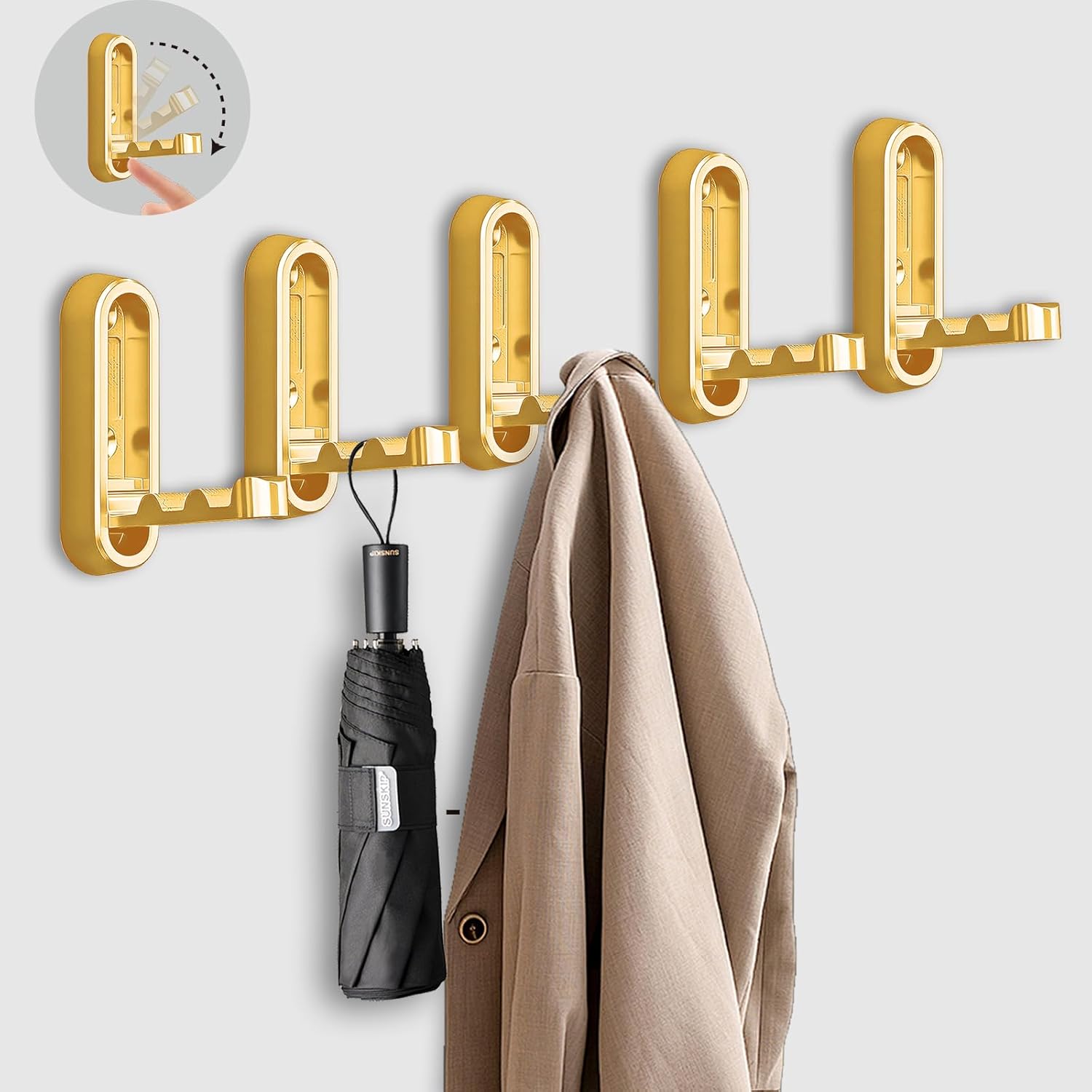 Foldable Gold Wall Hooks, 5 Pcs Heavy Duty Wall Hooks, Folding Coat Hooks for Can Be Used to Hang Coats, Towels, Clothes, Hats, Bathrobes, Wallets