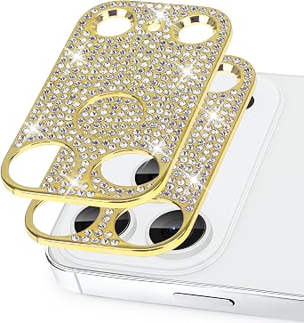 Omio [2 Pack] Designed for iPhone 17 Pro Max Bling Camera Lens Protector Cover for Women Girls 3D Diamond Lens Case Glitter Diamond Crystal Metal Lens Decoration Cover for iPhone 17 Pro Gold Titanium